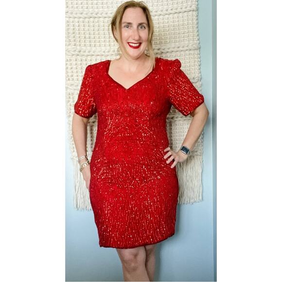 Vintage Stenay 100% silk beaded & sequined lipstick red party dress size large L - Picture 8 of 9